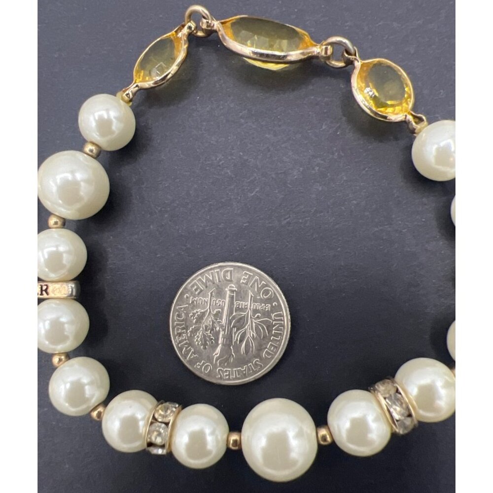 Vintage Napier Double Strand Bracelet Faux Pearl Yellow Crystal Gold Tone 6.5" - Picture 8 of 8